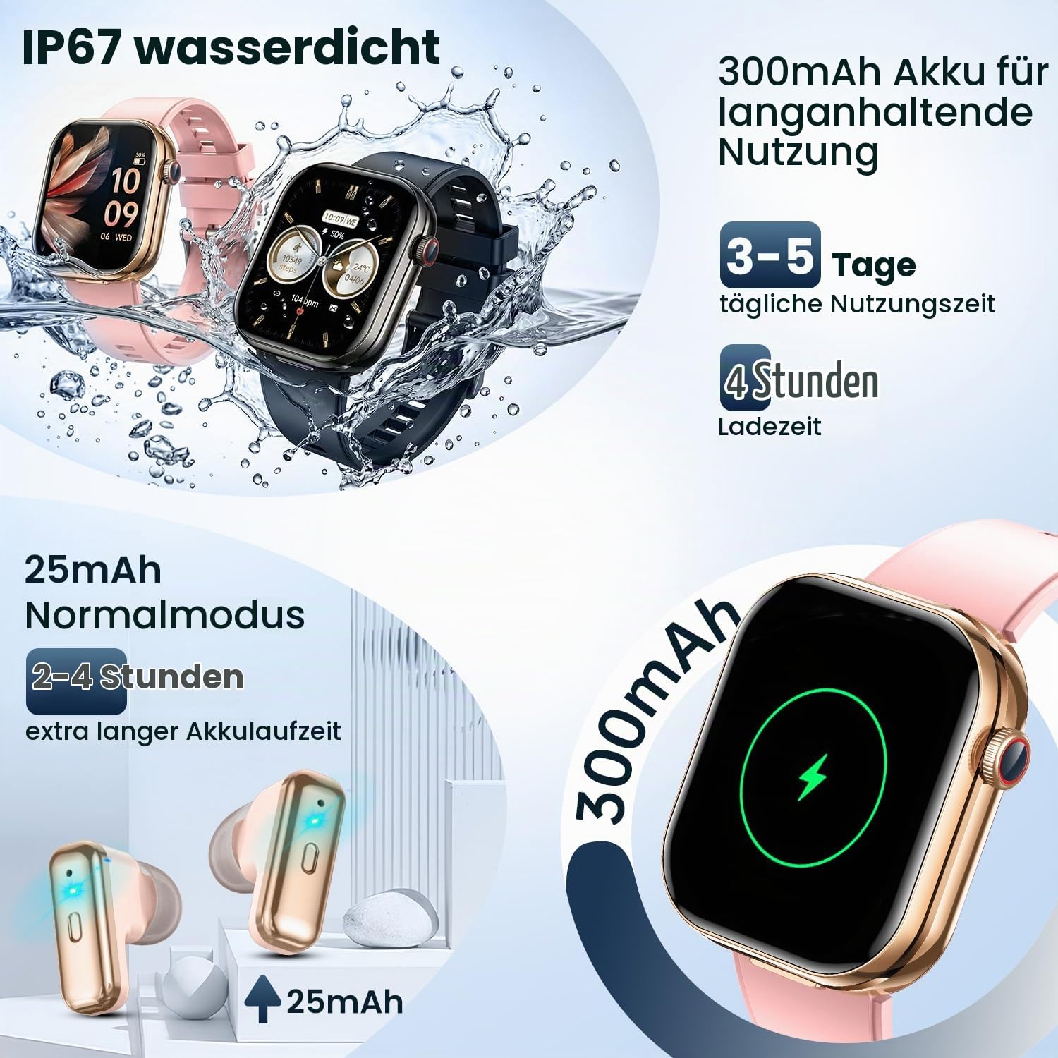 Smartwatch Damen Herren mit Bluetooth Kopfhörern: 2,02" HD Touchscreen Smart Watch mit Telefonfunktion Schrittzähler Schlafüberwachung Fitnessuhr IP67 Wasserdichte Sportuhr Kompatibel Android iOS