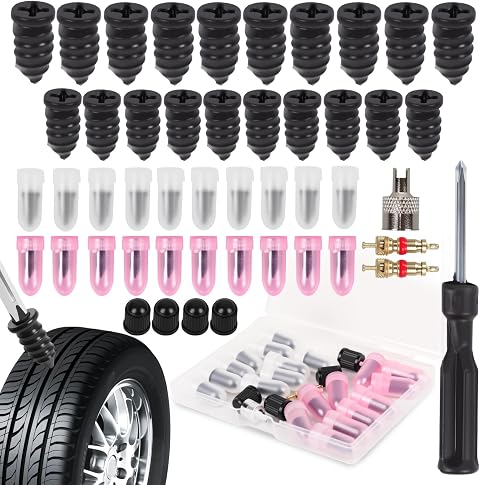 28Pcs Car Tyre Puncture Repair Kit,Fast Self-Service Tyre Repair Scrwes,Tire Plug Repair Kit with Screwdriver for Auto Car Motorcycle Bike