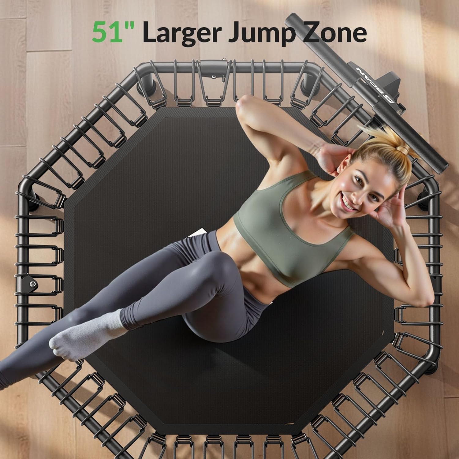 bcan 51" octagonal mini trampoline, max load 450 lbs fitness trampoline with t-adjustable handle bar, silent bungees, larger, more stable, quieter exercise rebounder for adults indoor/garden workout black