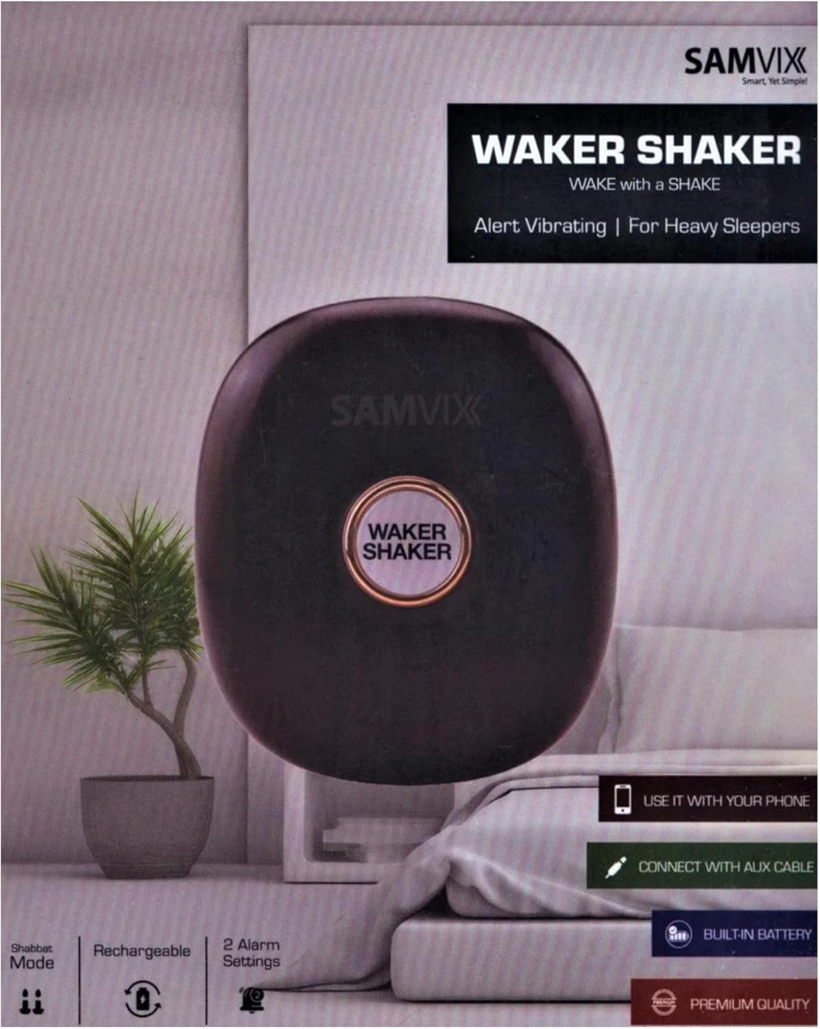 SAMVIX Waker Shaker Alarm device with features highlighted