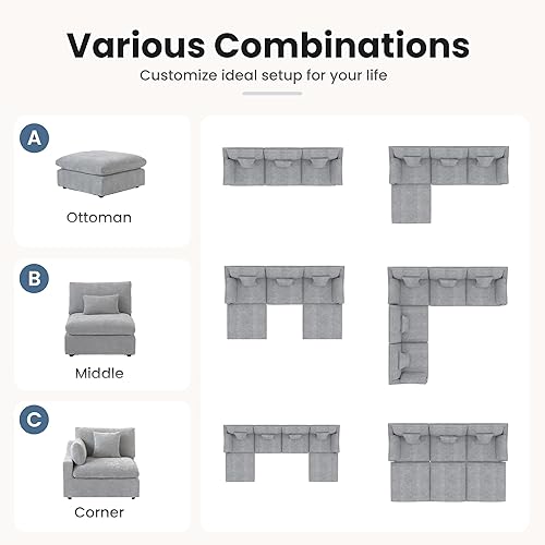 Miniatura 27 de WJShome - Sofá seccional modular en forma de nube para sala de estar, sofá de 160" con relleno de plumón en forma de U con otomano, sofás