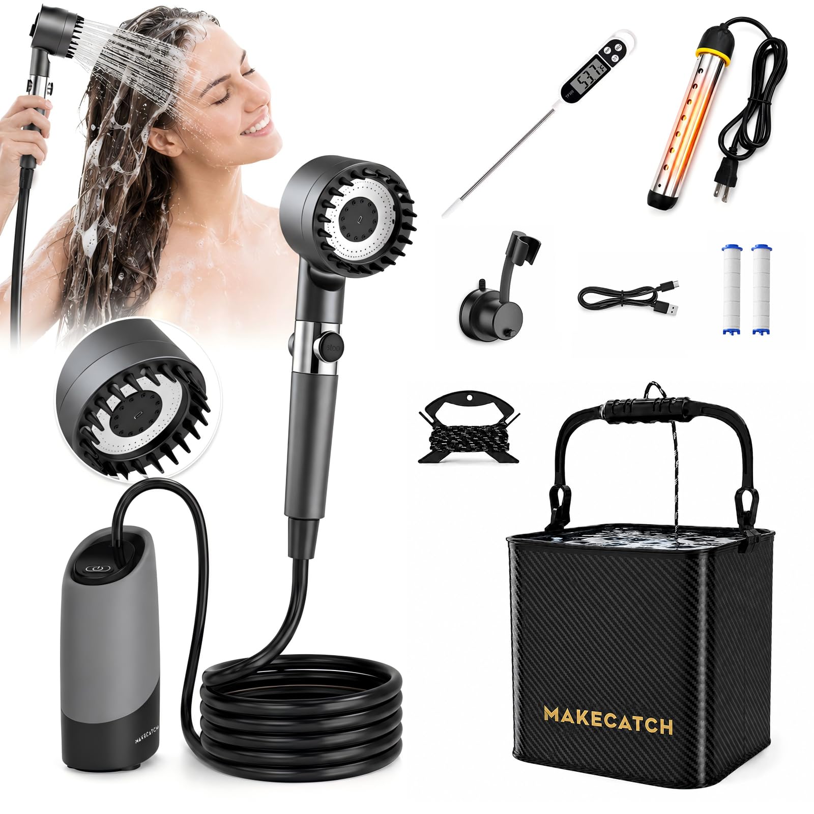 Camping Duschset mit Pumpe und separatem 1500W Tauchsieder