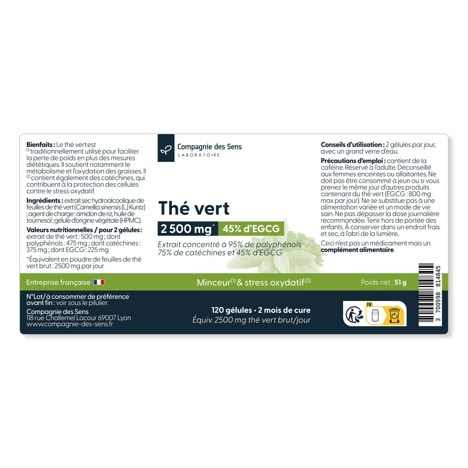 La Compagnie des Sens - Thé Vert Concentré 500 mg/jour - Triple Titrage 95% Polyphénols, 45% EGCG - 360 gélules végétales (6 mois) - Fabriqué en France
