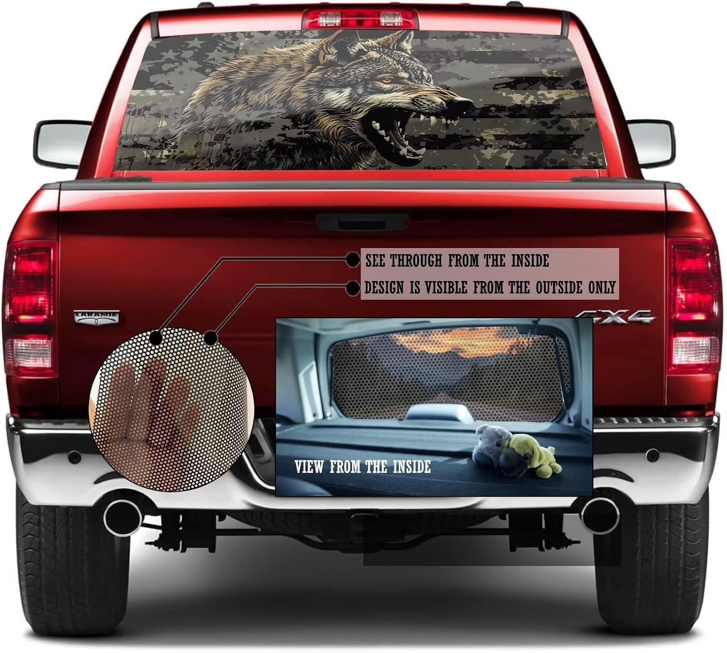 Generic Wolf Truck Rear Window Graphic Decal Tint, American Flag Car Decal Patriot Truck Window Sticker, Camouflage Back Window Vinyl Wraps for Pickup Suvs, Automotive Decals 53""x14""
