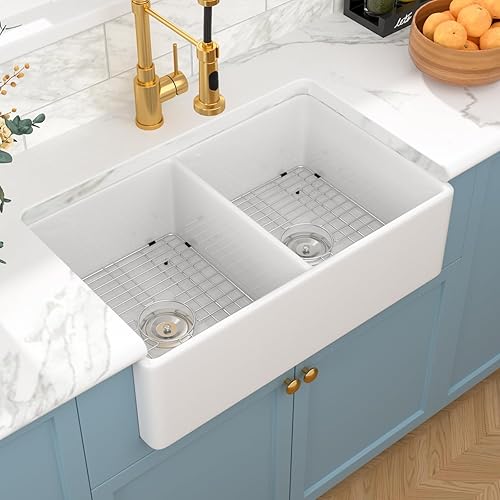 Miniatura 10 de Sarlai - Fregadero de cocina blanco de 33 pulgadas con cuenco doble, delantal frontal de cocina de 33 pulgadas, cuenco doble 5050 de porcelana