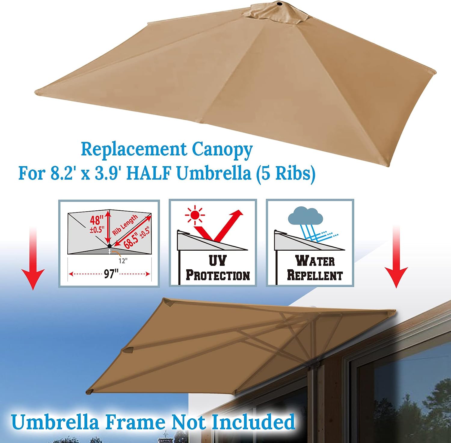 BenefitUSA Replacement Canopy Cover Only for 8.2X 3.9ft 5 Ribs Half Patio Umbrella (Tan)