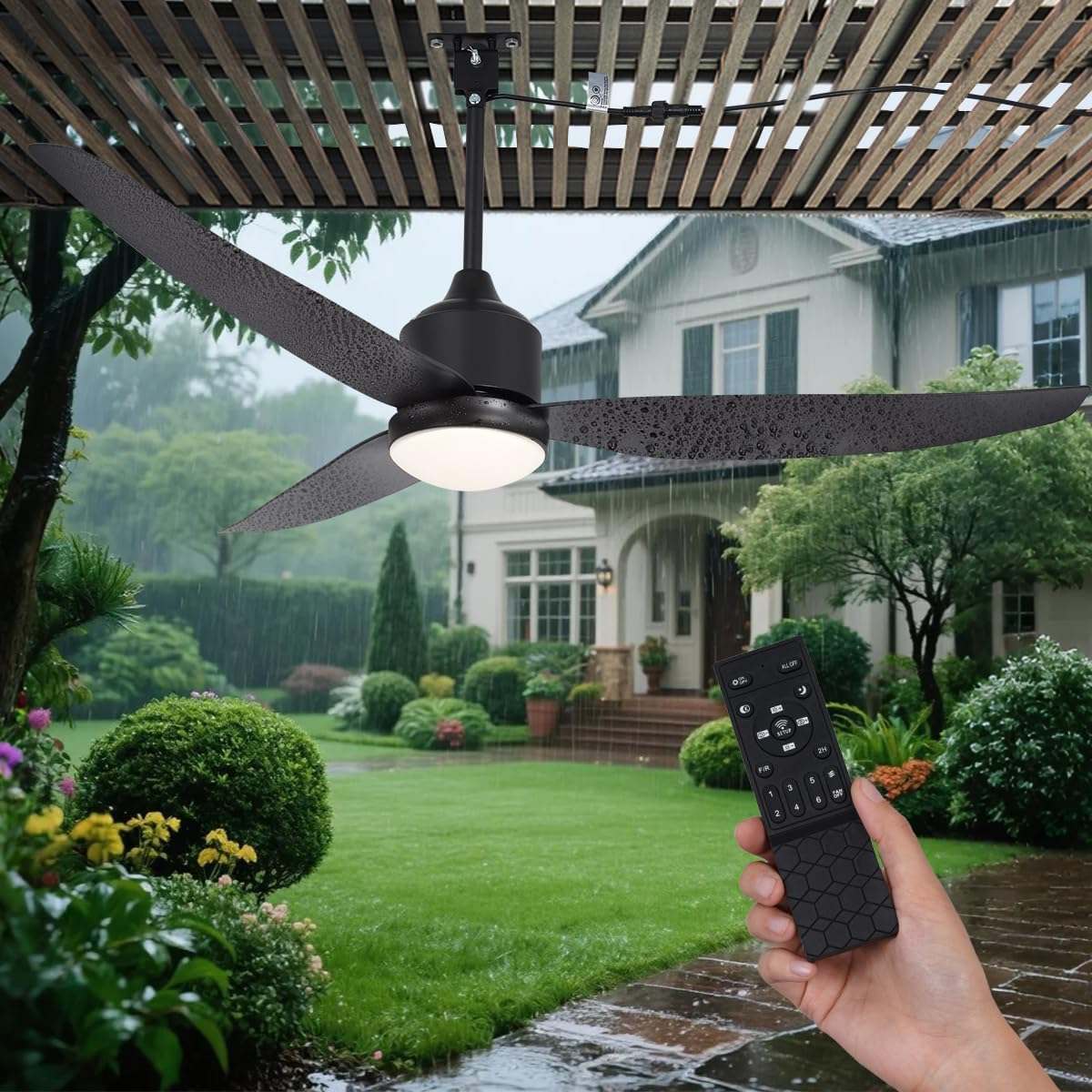 52 inch Outdoor Ceiling Fan with Lights,IP65 Waterproof Gazebo Fan with Remote, Farmhouse Rustic Ceiling Fans,Plug in Hanging Ceiling Fan with 3CCT 6-Speeds for Patio Porch Pergola