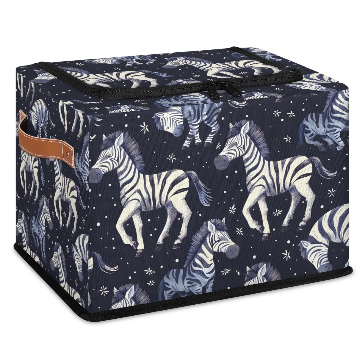 Clothes Storage Bins with Metal Frame Black Zebra Flower Storage Boxes with Zipper Lids Collapsible Cube Clothing Storage Bag with Leather Handle Closet Clothes Organizer Container