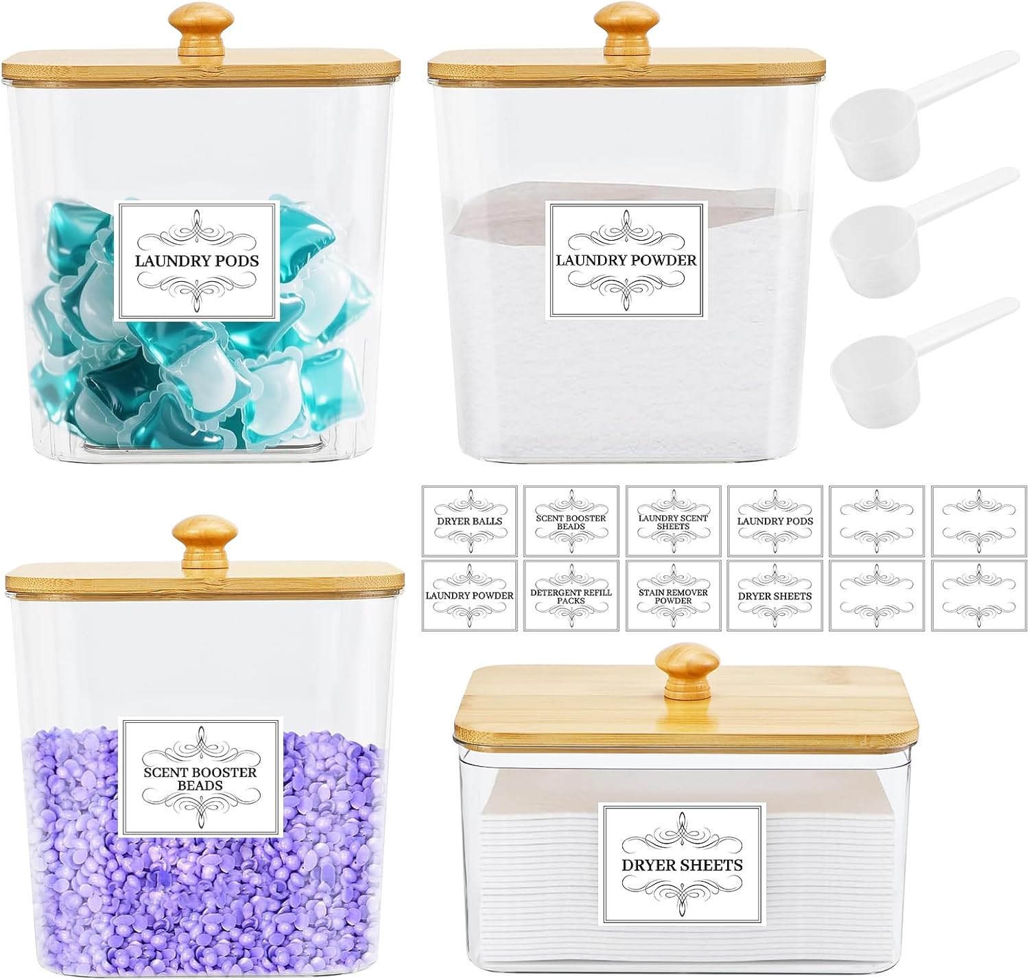 4PCS Laundry Pods Container, Clear Laundry Room Organization and Storage with Bamboo Lids, 3 Premium Scoops & Labels – Ideal for Scent Booster Beads, Dryer Balls, Sheets & Powder (6”)