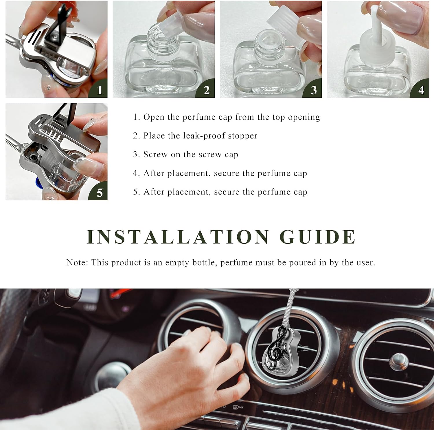 Guitar Car Air Freshener Vent Clip, Empty Guitar-Shaped Fragrance Diffuser Cute Dashboard Decor, Unscented Aromatherapy Diffuser Rotating Auto interior Ornament for Women Men (Black) image 4