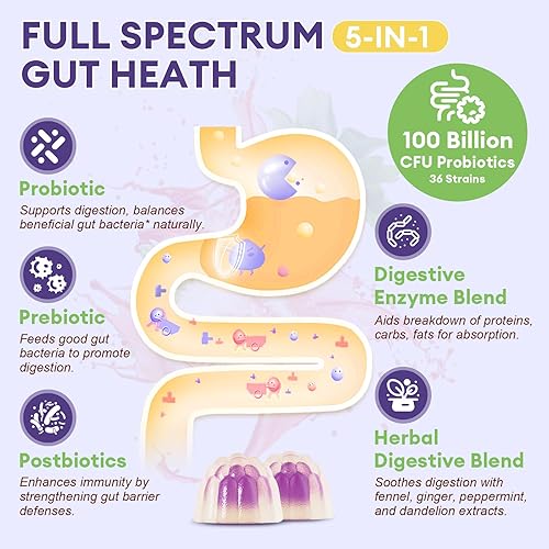 Miniatura 5 de Totaria Gomitas prebióticas prebióticas 5 en 1 sin azúcar, 36 cepas de probióticos para mujeres y hombres con enzimas digestivas, menta, inmune