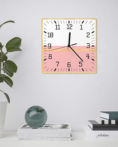 Miniatura 3 de Luxurious Pink Geometric Wooden Wall Clock Silent Non Ticking, Yellow Modern Line Abstract Art Square Wall Clock Battery Operated, Decor Clock for