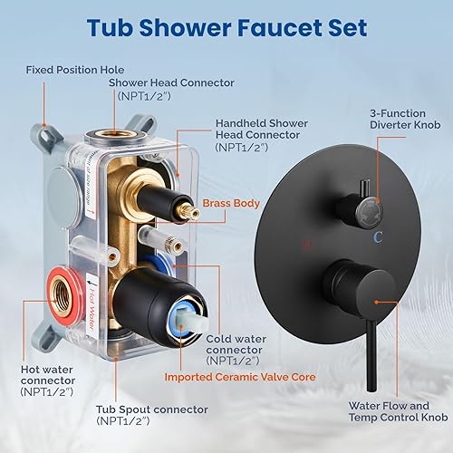 Miniatura 23 de Airuida Juego de sistema de ducha redondo con boquilla de bañera, montaje en pared, juego de grifo de ducha de lluvia de 3 funciones, 2 funciones