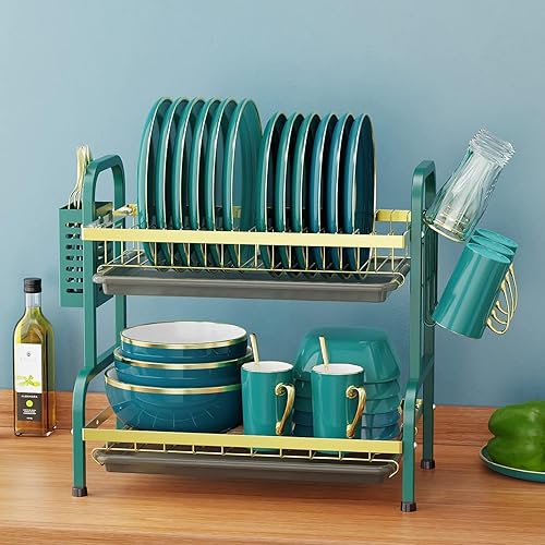 Miniatura 7 de Escurridor de platos, juego de escurridor de platos de acero inoxidable de 2 niveles, soporte para utensilios, soporte para tazas, escurridor de