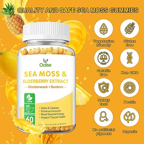 Miniatura 4 de Gomitas orgánicas de musgo marino para adultos y niños, 2000 mg de Seamoss crudo, vejiga, raíz de bardana, saúco, pimienta, vitamina C y D3, zinc