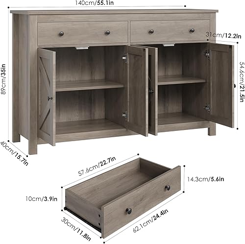 Miniatura 3 de FOTOSOK Aparador de buffet con almacenamiento, armario de buffet grande de 55.1 pulgadas, armario de cocina con 2 cajones y 4 puertas, gabinete de