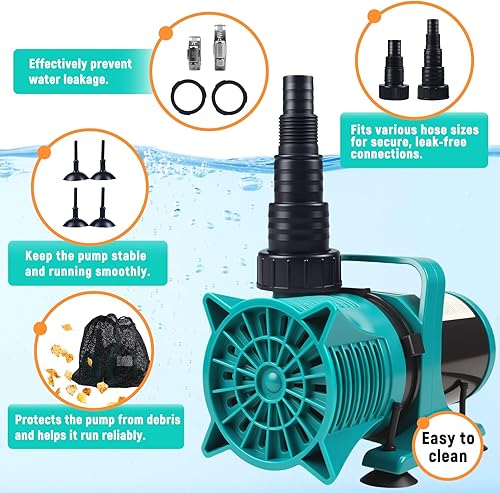 Miniatura 4 de Bomba de estanque para exteriores de 150 W, 3100 GPH, bomba de agua ultra silenciosa con cable de alimentación de 20 pies y adaptadores de múltiples