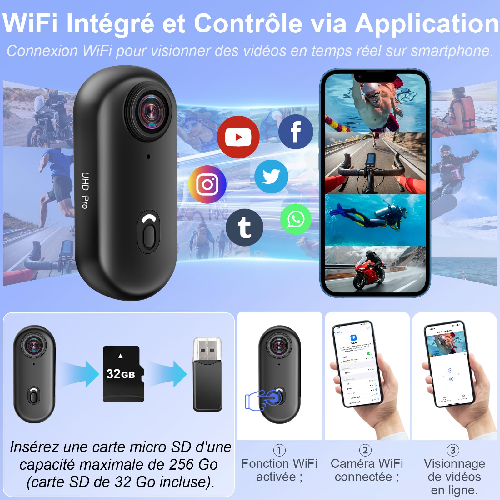 Caméra d'action WiFi 4K, Mini Caméra d'action Sportive 170°, Caméra pour Casque de Moto, Caméra Vidéo Portable Étanche 32 Go avec Aimant pour Le Cyclisme et la Pêche