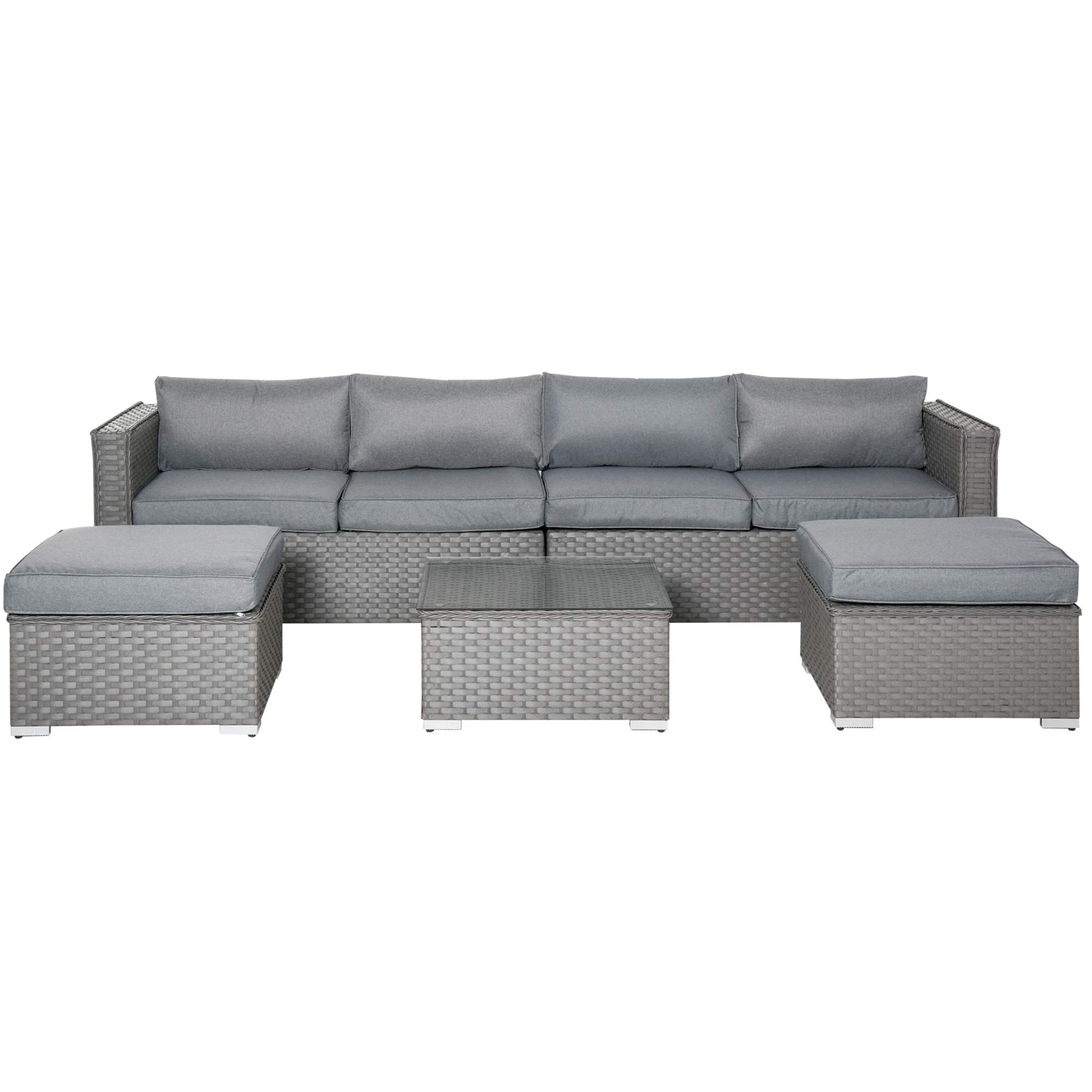 Outsunny 5 PCs PE Rattan Wicker Corner Sofa Set Bonzer Outdoor Conservatory Furniture Lawn Patio Tea Table Footstool w/Cushion - Grey