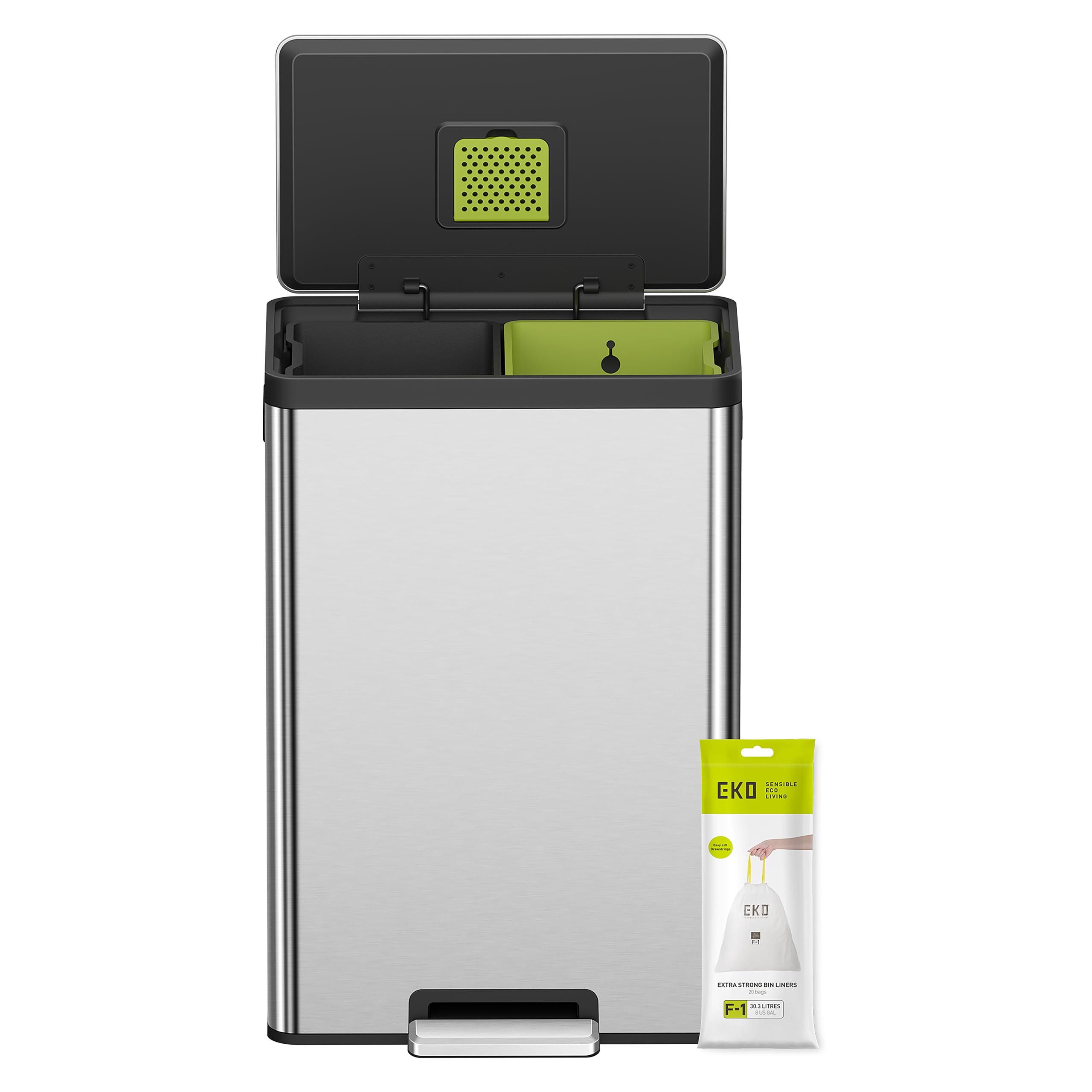 EKOEcocasa II Recycling Kitchen Bin 2X20L, Pedal Rubbish Bin with Two Removable Inner Buckets, Perfect for Eco-conscious Homes, Stainless Steel