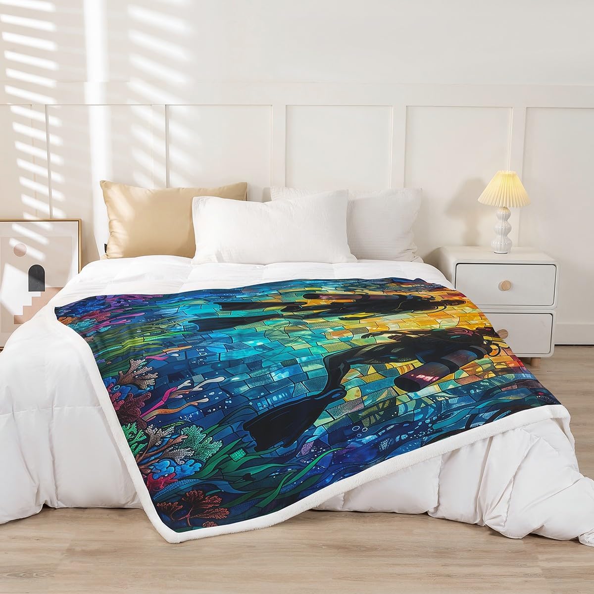 Diving Couples Fleece Blanket,Watercolor Undersea Coral Marine Stained Glass Bed Blanket for Kids Teens,Dreamy Sport Ocean Adventure Flannel Blanket for Room Decor,Queen 90"x90"