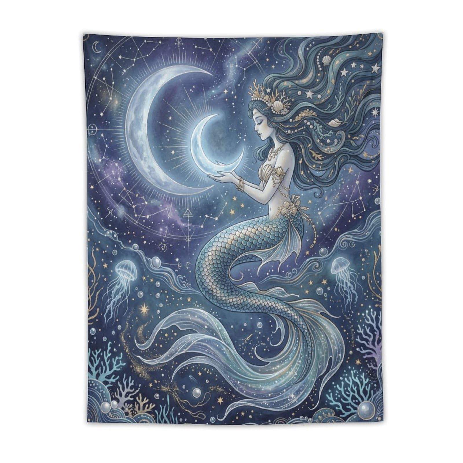 H3B8U2Y5 Crescent Moon Mermaid Wall Tapestry, Surrealist Style, Office