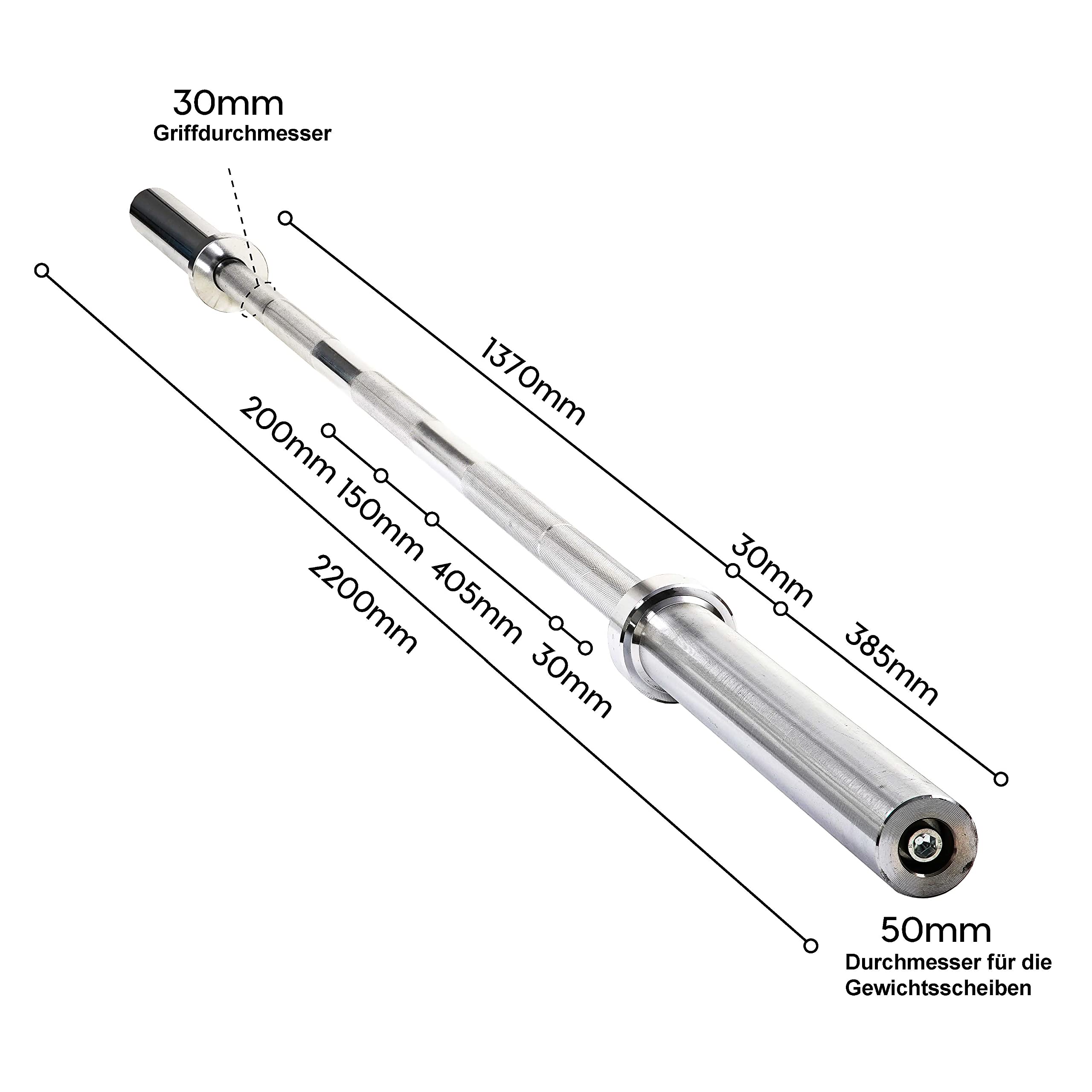 wuuhoo® Barre d'Haltère longue Herkules – 220cm Barre de Musculation, Compatible avec les plaques olympiques 50mm, Acier chromé, Ø 30mm Poignées moletées – Équipement de Gym à Domicile