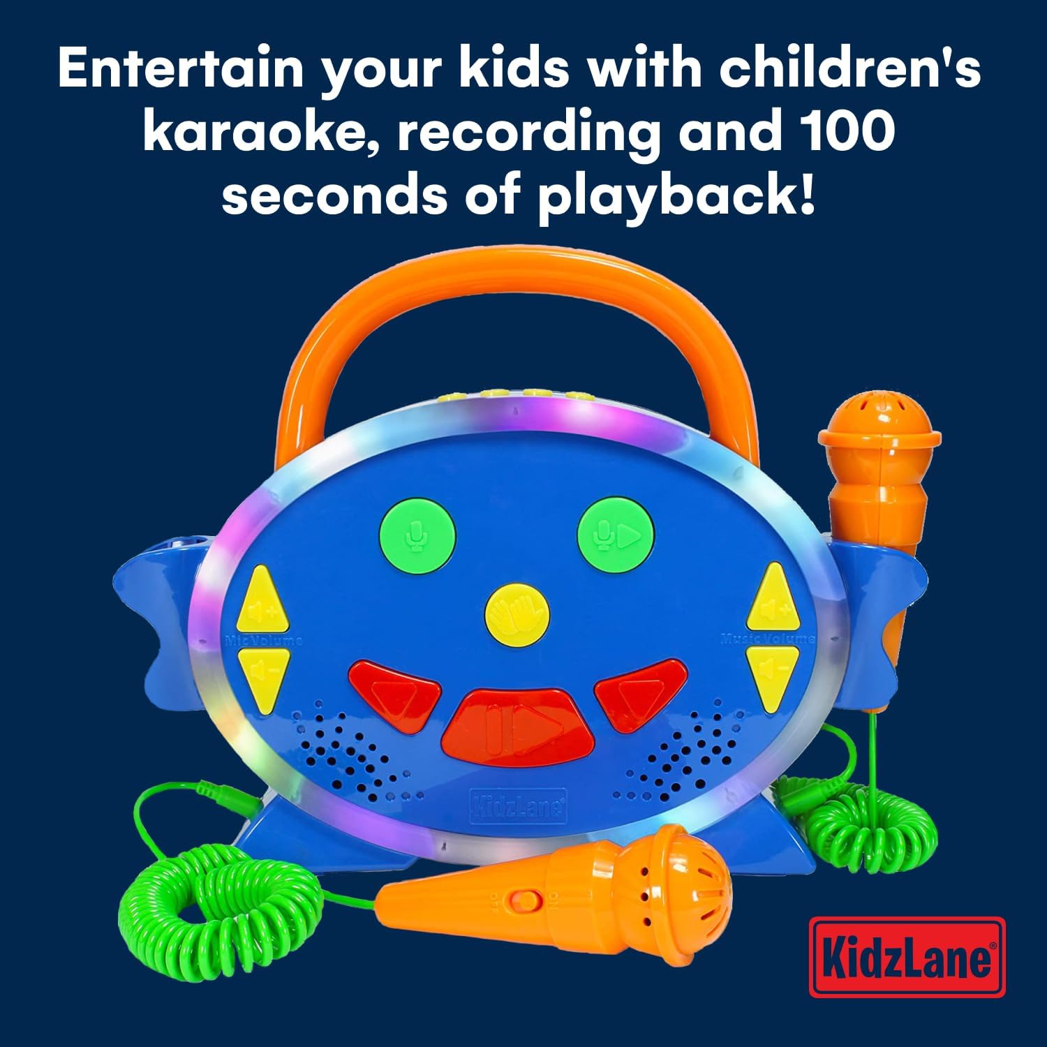 Kidzlane Kids Karaoke Machine with text about recording and playback