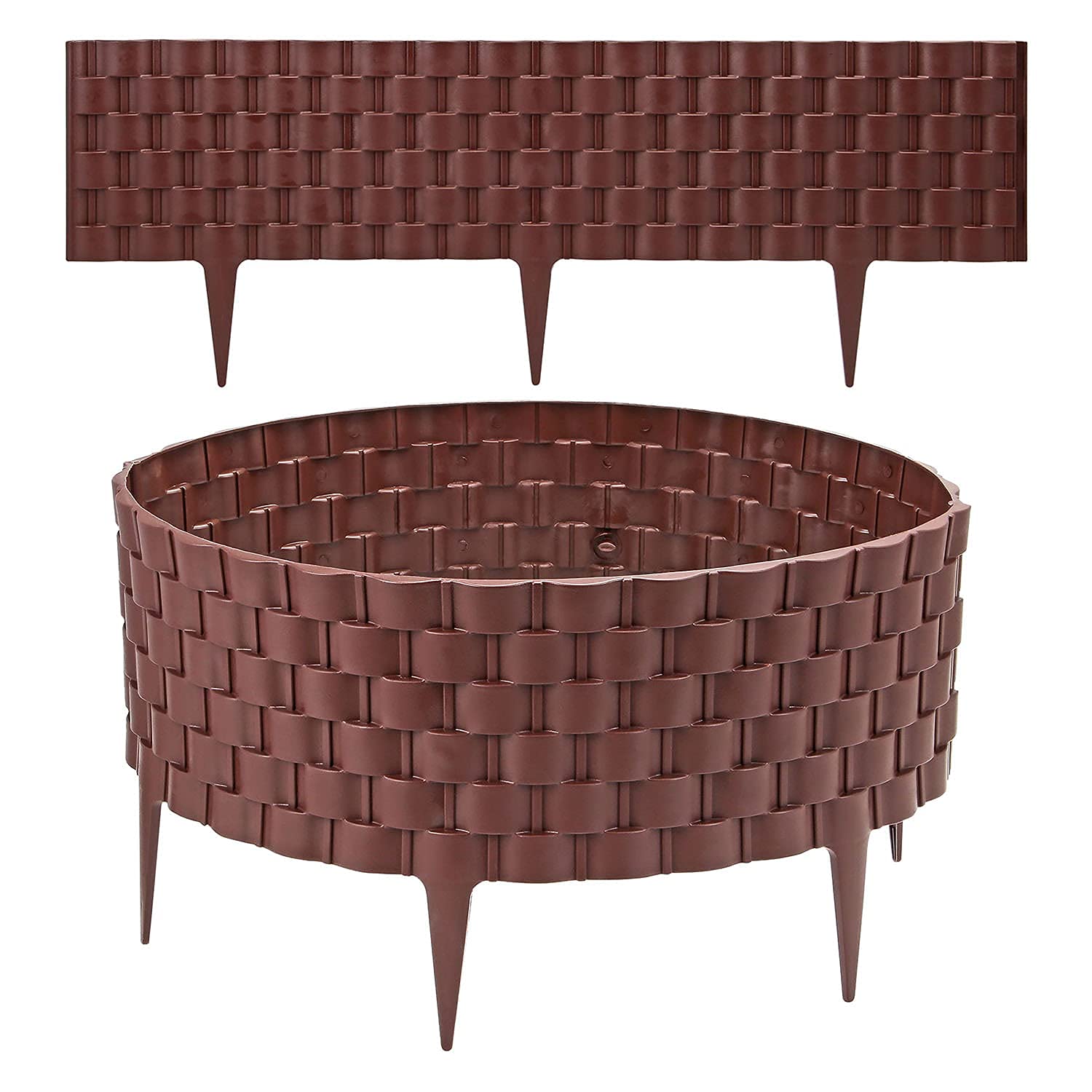 Thrink Brown 16 X Decorative Faux Rattan Effect Garden Border - Plastic Garden Edging | Interlocking & Push In Securing Pegs | Can Create Straight Or Curved Shape | Ideal For Border Flowerbed Path & Lawn