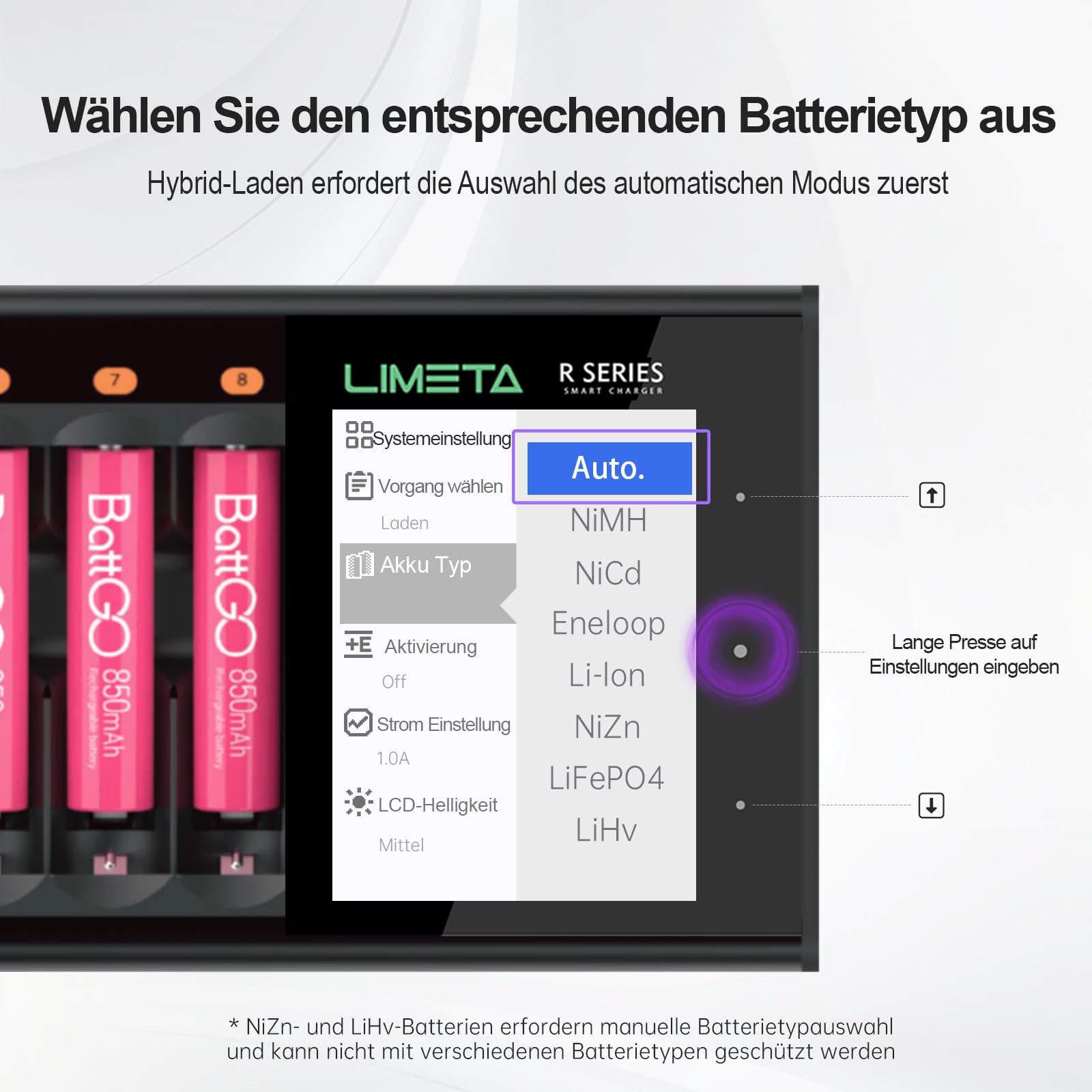 LIMETA R8 Akku Ladegerät für AA und AAA Batterien, 8-Slot Batterieladegerät mit USB Typ-C QC3.0 Schnellladefunktion und LCD Display, Automatische Akku-Typ-Erkennung, Verfügt über eine Entladefunktion