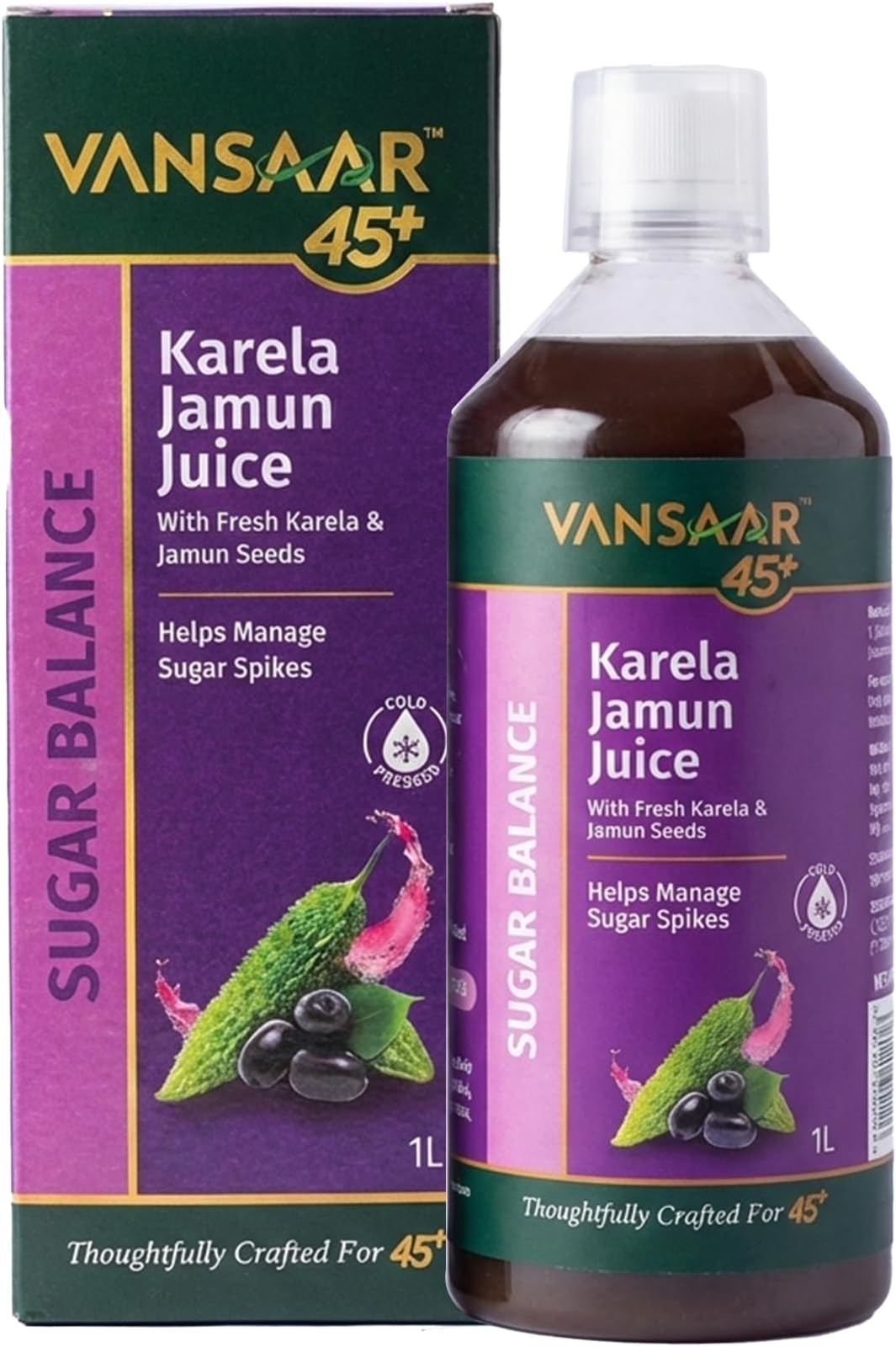 Vansaar 45+ Karela Jamun Juice 1 litre | Natural Sugar Control for Diabetic Care | Manage Blood Sugar Levels with Fresh Karela & Kala Jamun| Sugar Free for Diabetes & Pre - Diabetes care