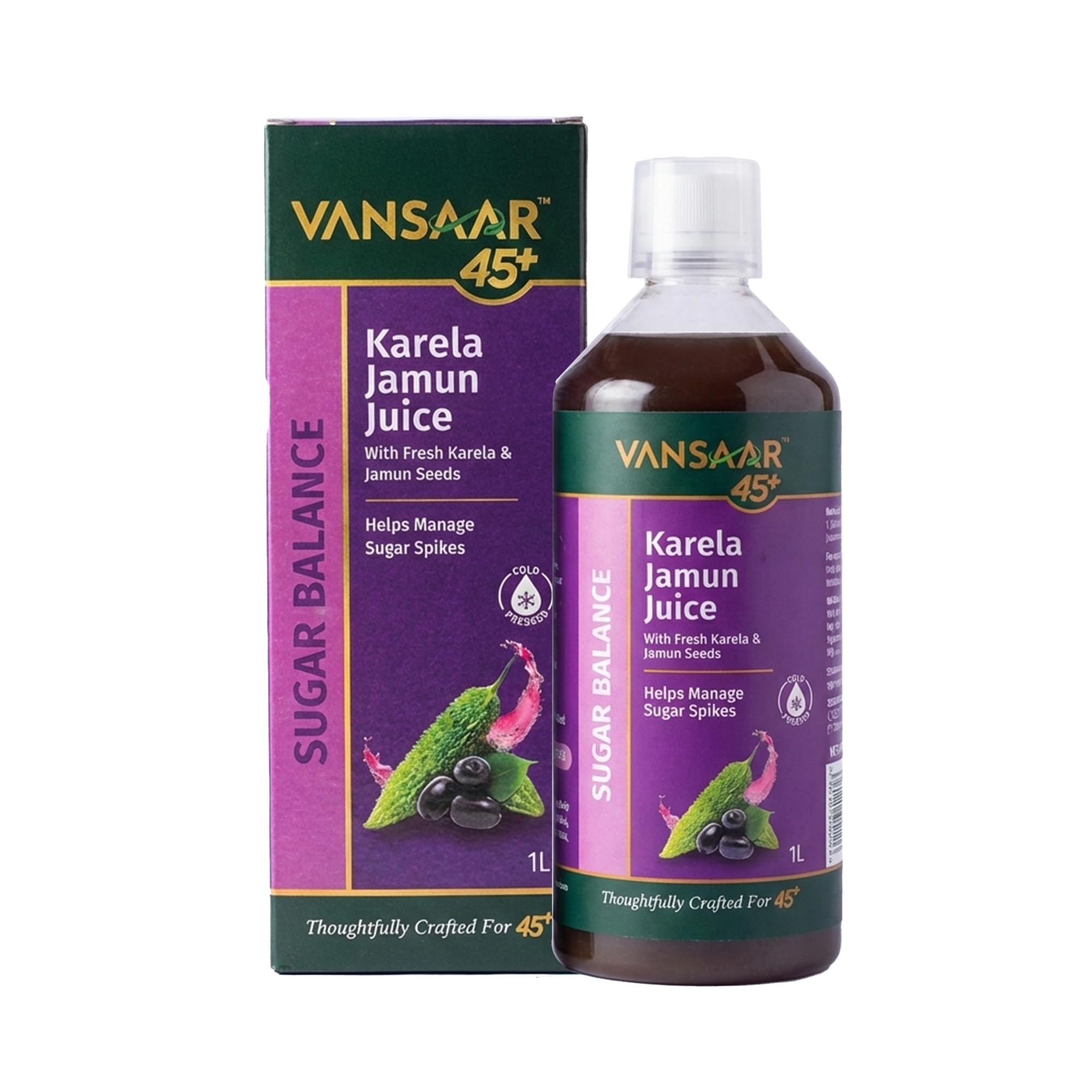 Vansaar 45+ Karela Jamun Juice 1 litre | Natural Sugar Control for Diabetic Care | Manage Blood Sugar Levels with Fresh 