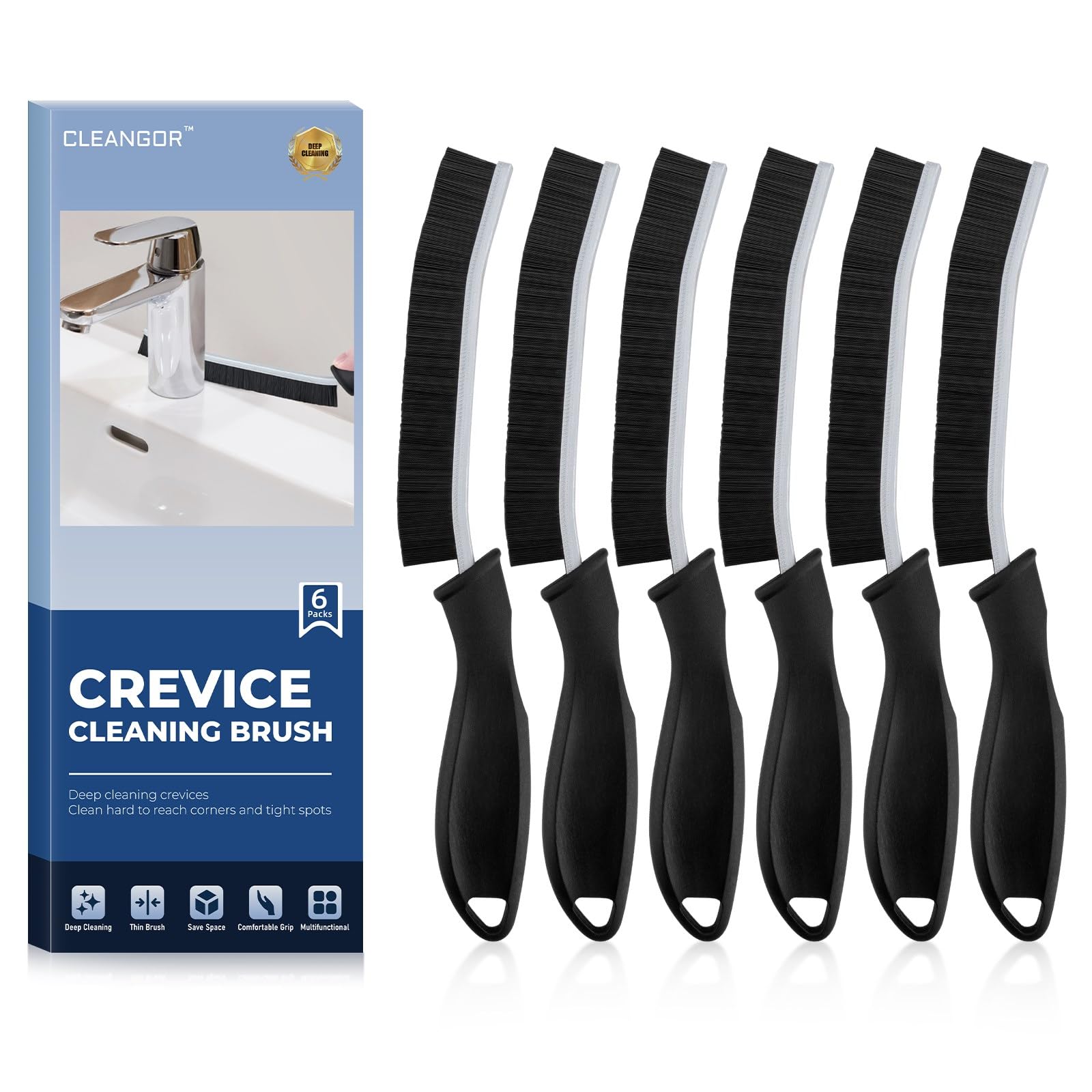 Cleangor Cepillo Juntas, Cepillo de Limpieza de Grietas con Mango Ergonómico, Cepillo Limpieza Hogar, Cepillos Cerdas Duras, Adecuado para Inodoros, Cocinas y Ranuras de Ventanas (6, Negro)