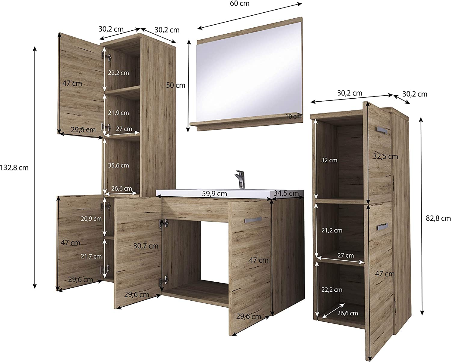 Set di mobili da bagno Roma, lavabo incluso, mobili da bagno sospesi e moderni (colore legno)