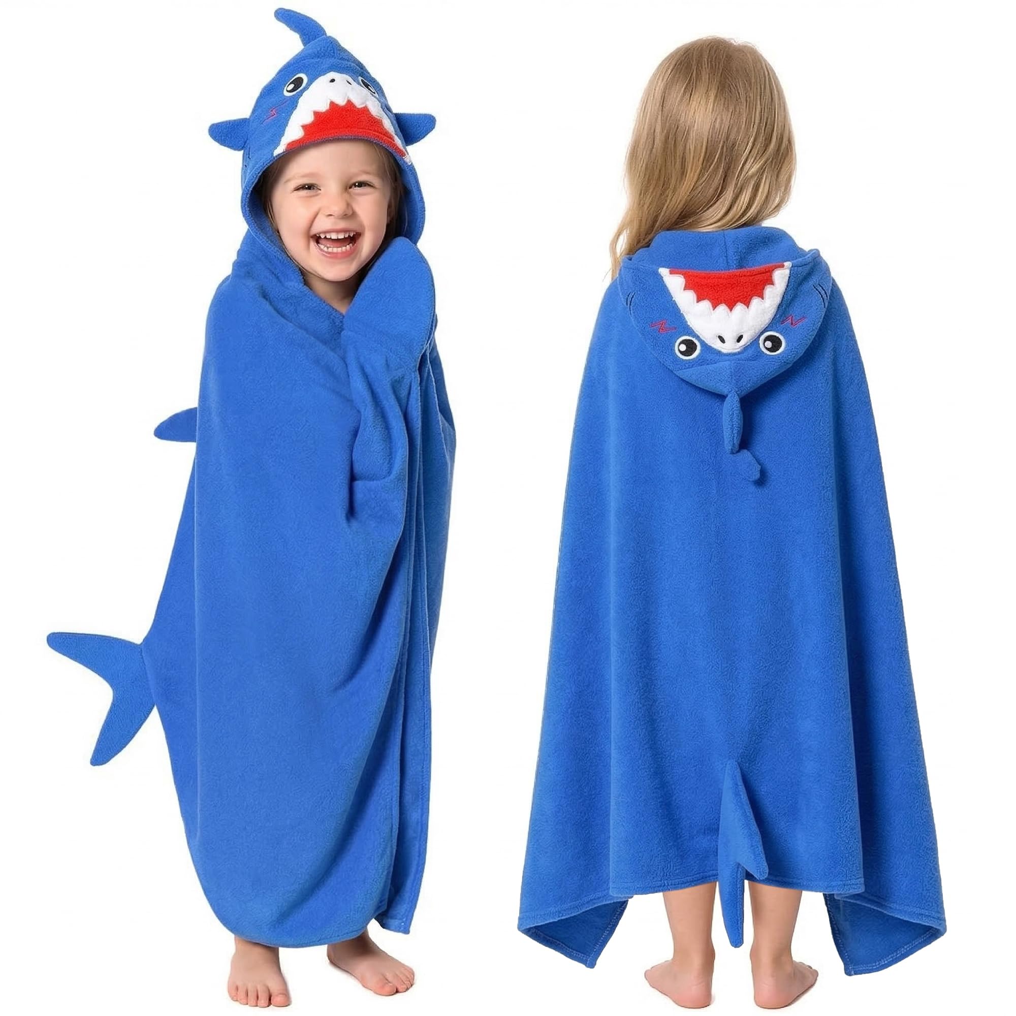 OLAOLA Shark Hooded Towel for Kids 3-12 Years, 28" x 53" Soft Thick Absorbent Beach Towels, Toddler Bath Towel Wrap, Swim Pool Towels Poncho for Boys