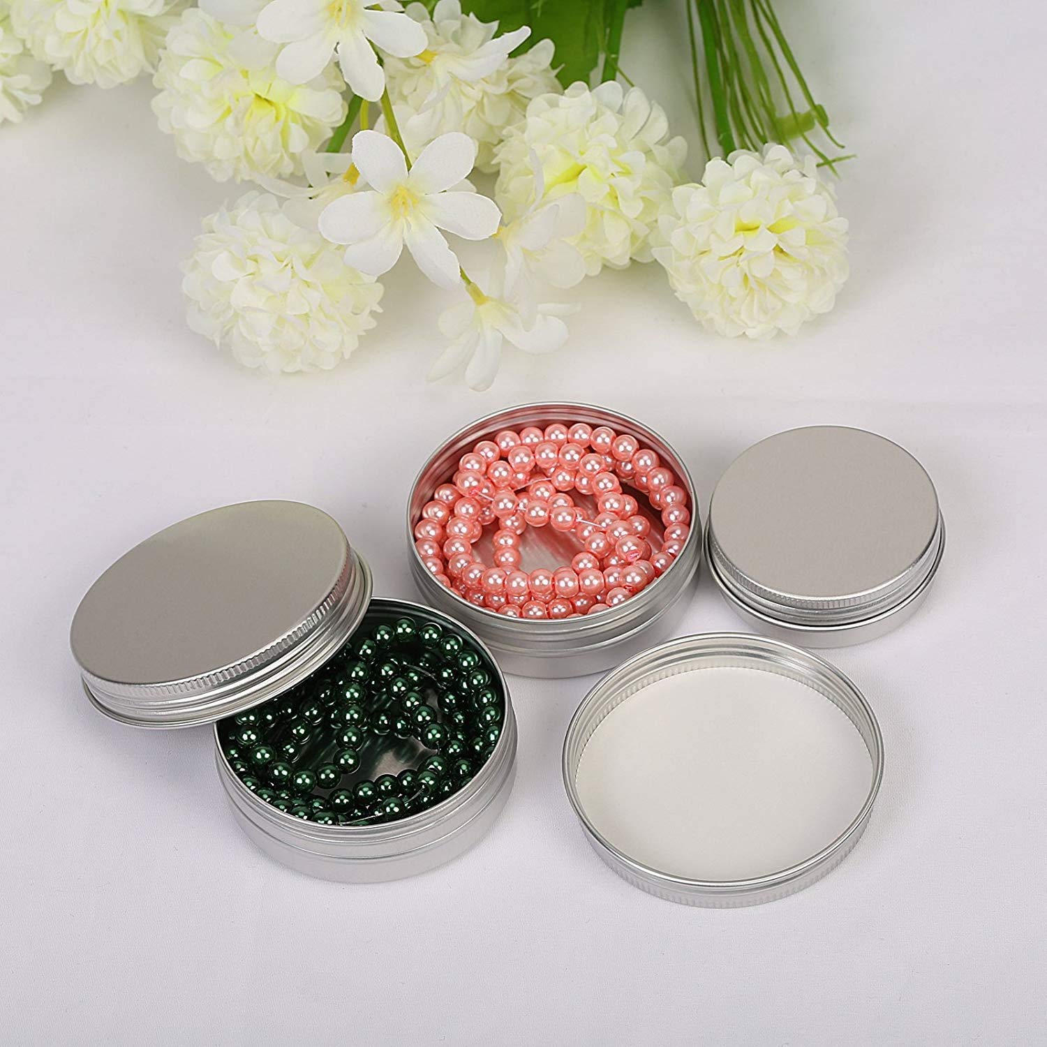 ProLeo Barattoli vuoti in alluminio da 24 pezzi, 60 ml, con coperchio a vite per balsamo per labbra, lozione, crema, maschere, mini candele, cosmetici argento, bianco, 60ml
