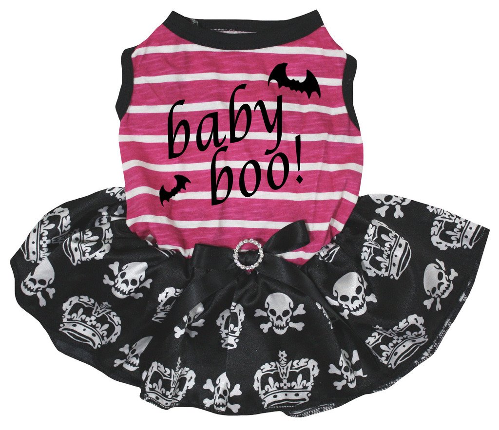 Robe chiot Baby Boo rose et blanc rayée avec tutu et motif crâne