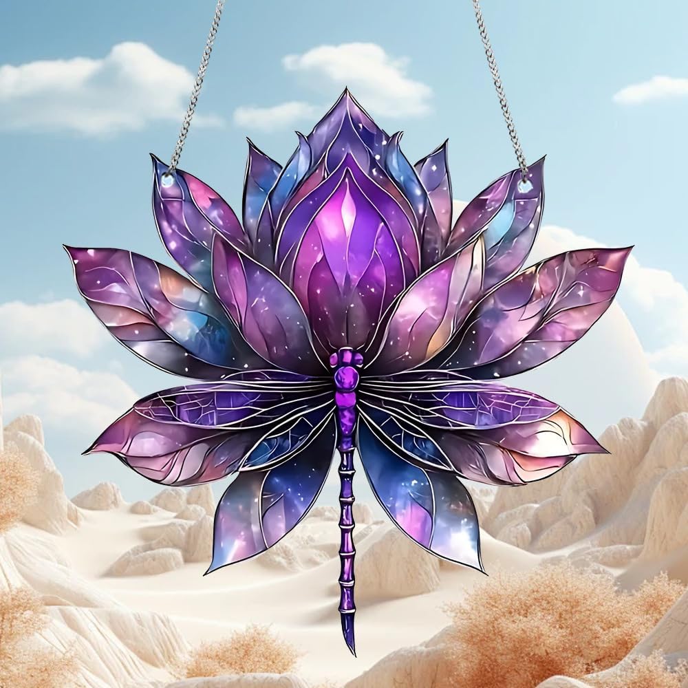 Colored Lotus Stained Window Hanging Ornament, Lotus Acrylic Double-Sided Printed Panel with Chain, Great Gift for Mom Grandma for Birthday, Anniversary, Mother's Day or Housewarming