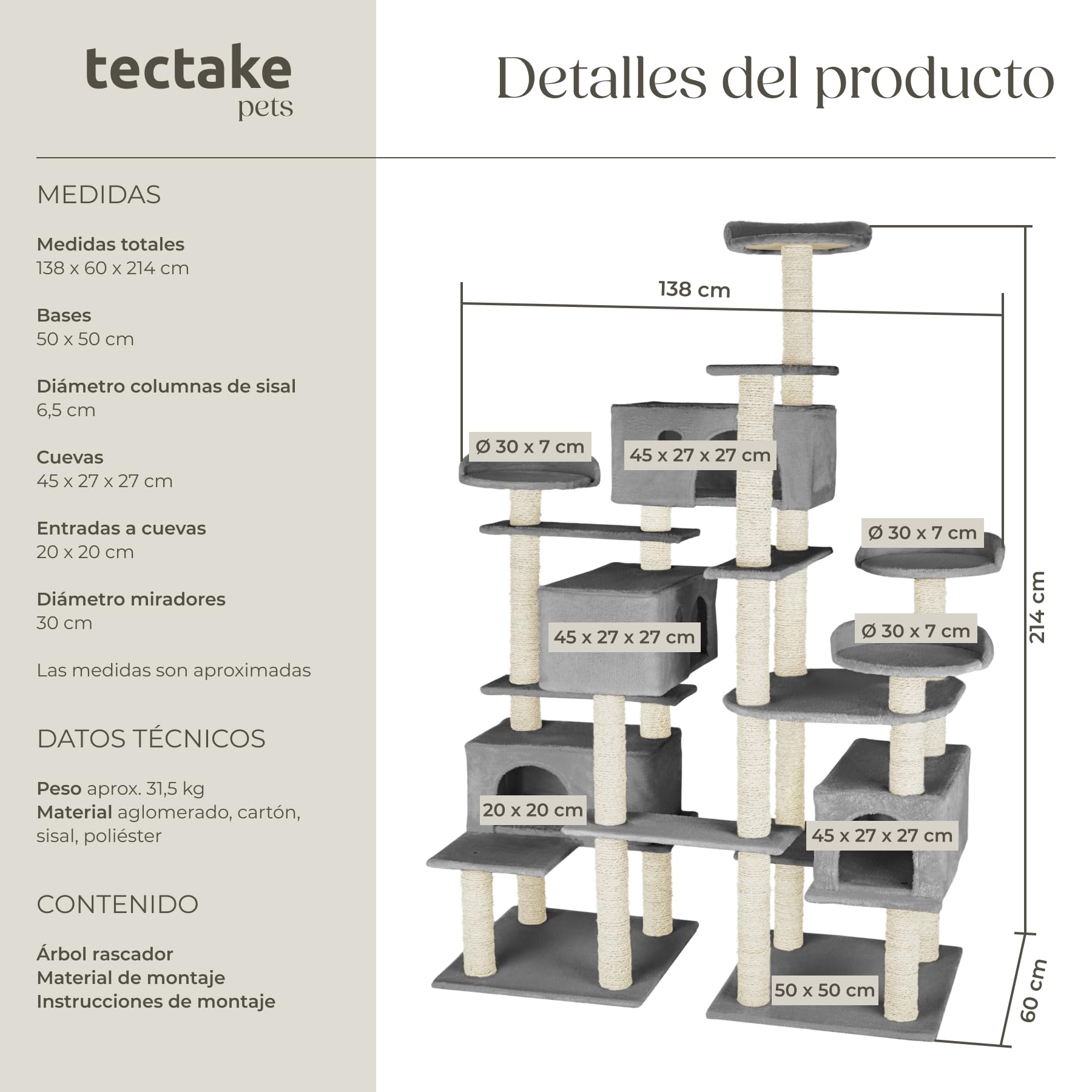 tectake® Arbol Rascador para Gatos, Torre Multinivel con 4 Plataformas, 4 Casitas, 2 Placas de Suelo, Columnas de Sisal, Rascador Gato, Protección Antivuelco, Juguetes para Gatos - Gris