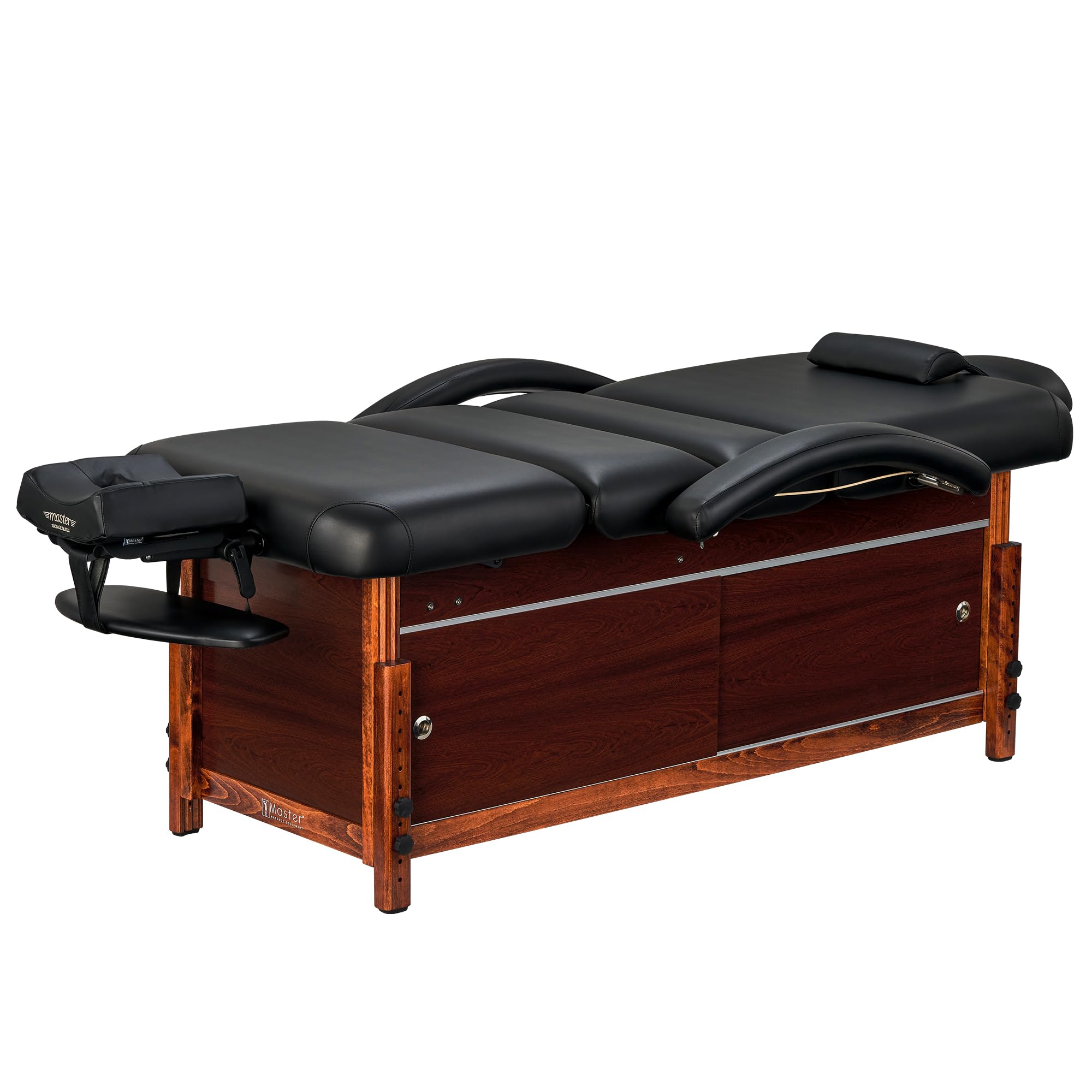 Master Massage Cabrillo Stationary Massage Table- Facial Beauty Lash Bed– 4 Section Salon Spa Bed with Storage Cabinet - Pneumatic Tilting Backrest & Leg Rest, Black with Walnut Legs, 30 Inch