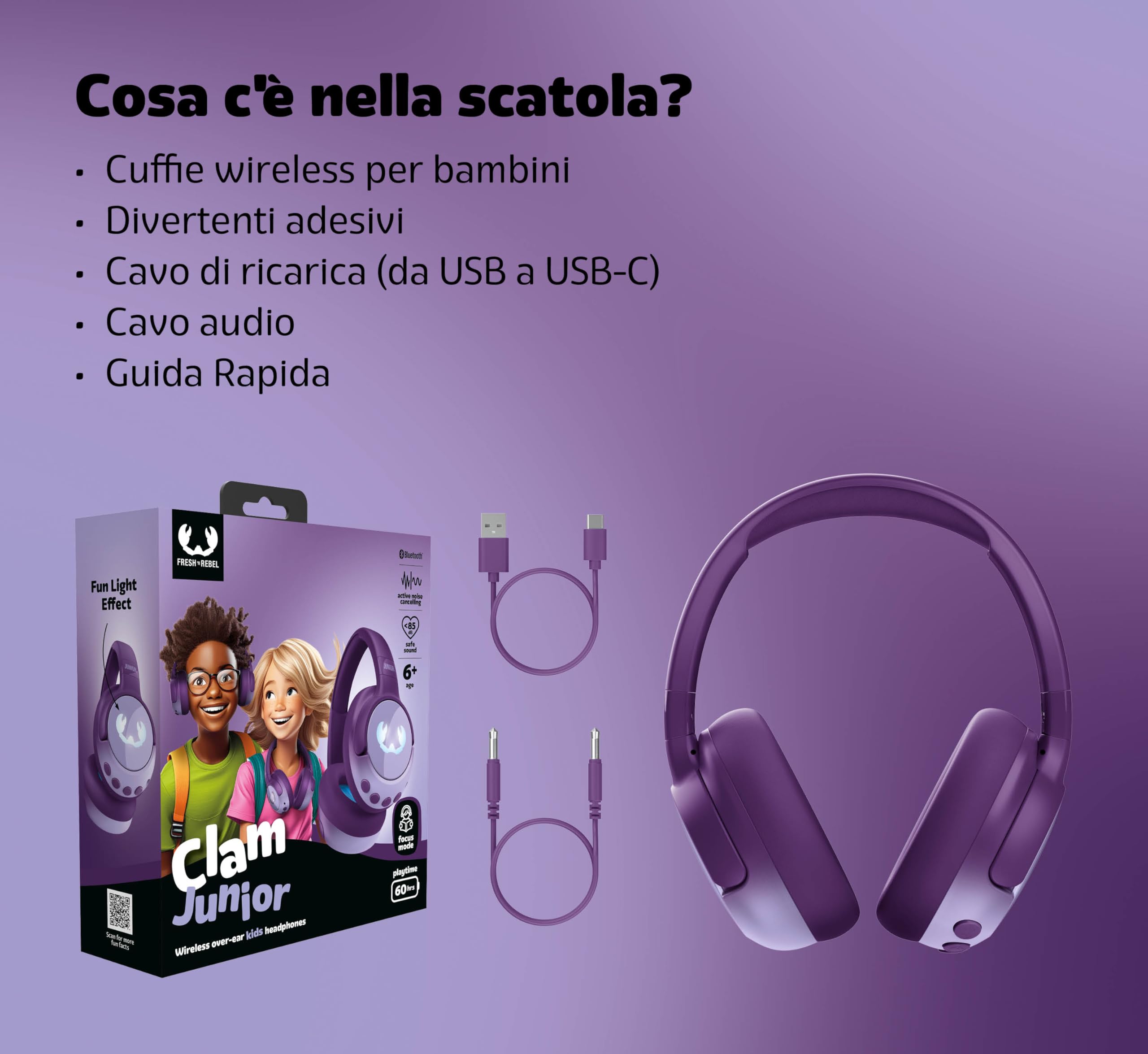 Fresh 'n Rebel Clam Junior, Cuffie Bluetooth per Bambini con Cancellazione Attiva del Rumore, suono sicuro (<85dB), Cavo audio e Adesivi inclusi, Effetti LED. 60 ore di riproduzione (Mighty Magic)