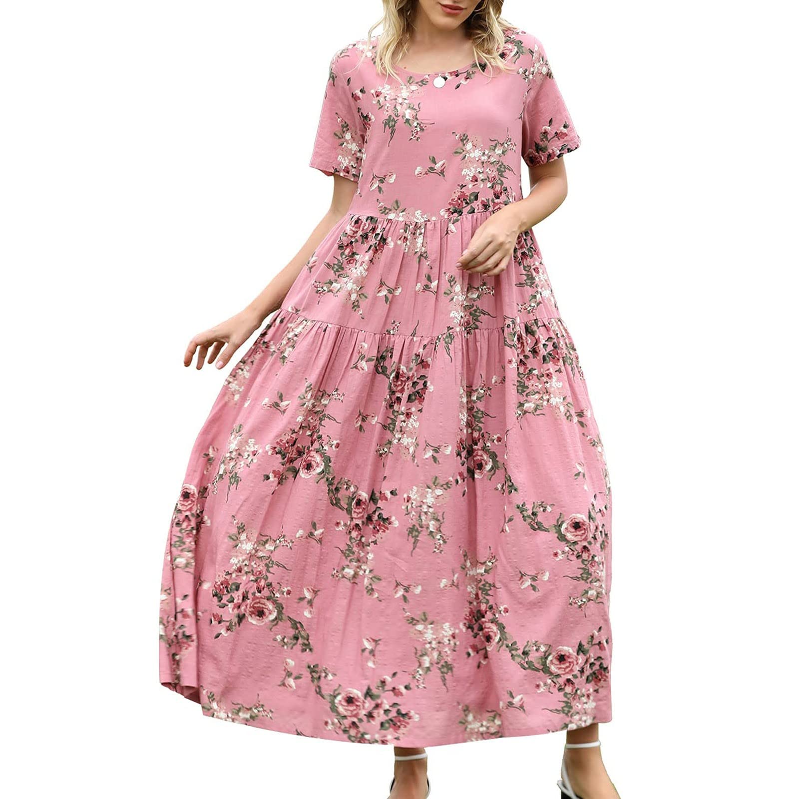 Generisch Vestido midi de playa para mujer, cómodo, plisado, informal, suelto, floral, talla grande, elegante, talla grande