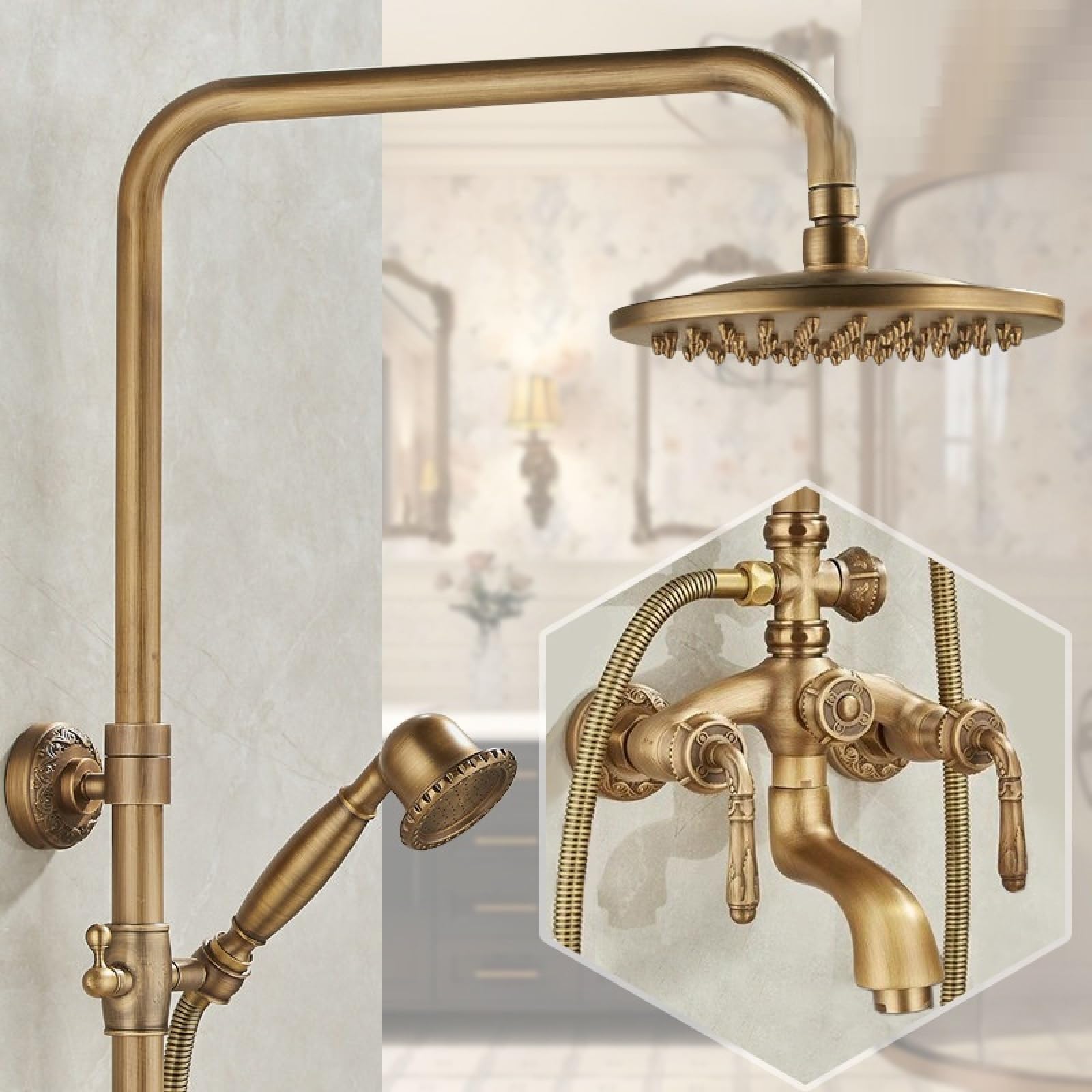 Fanjubei L2 Bathroom All-Copper Antique-Style Adjustable Shower And Shower Set