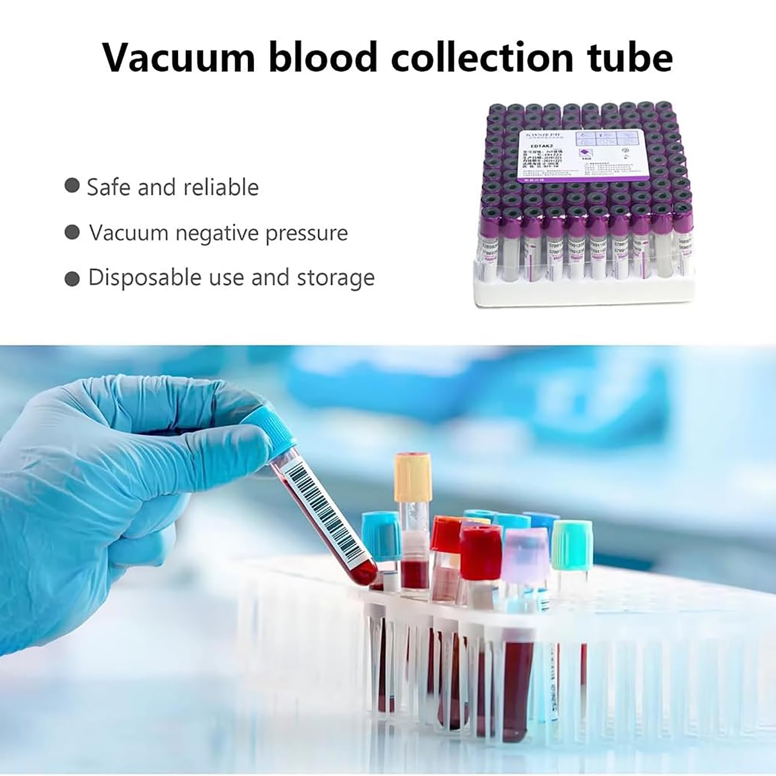 100 provette per prelievo di sangue Vacutainer, 2 ml/3 ml/5 ml/10 ml, provetta da centrifuga in vetro, pressione negativa monouso, provette da laboratorio, con tappo + etichette,5ml