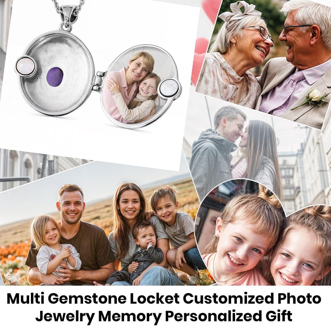Multi Gemstones Picture Locket Necklace for Women - Customized Photo Jewelry Memory Personalized - Womens Stainless Steel Chain 24 Inches Womens - Anniversary Wedding Statement Gifts - Image 3