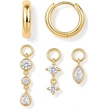 Women's Earrings Set, Gold Silver Flat Back Earrings with Sparkling CZ Charms, Small Hoops for Earring Stacks