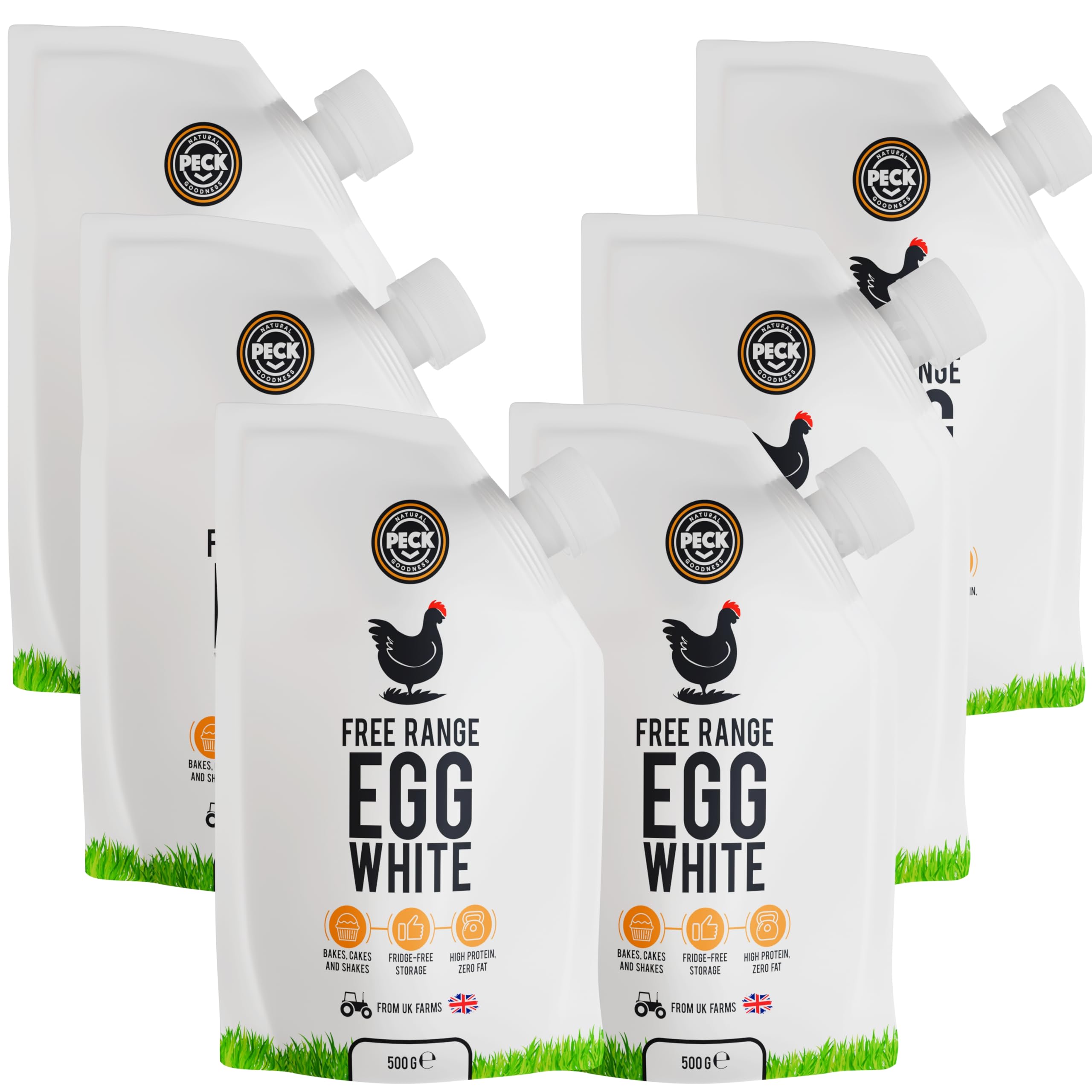Peck Free Range Egg Whites Liquid 6 x 500ml Pouches | 15 UK Free Range Egg Whites Per Pouch | from UK Farms & in a Resealable Pouch | High Protein | for Baking, Shakes, Omelettes & Cocktails
