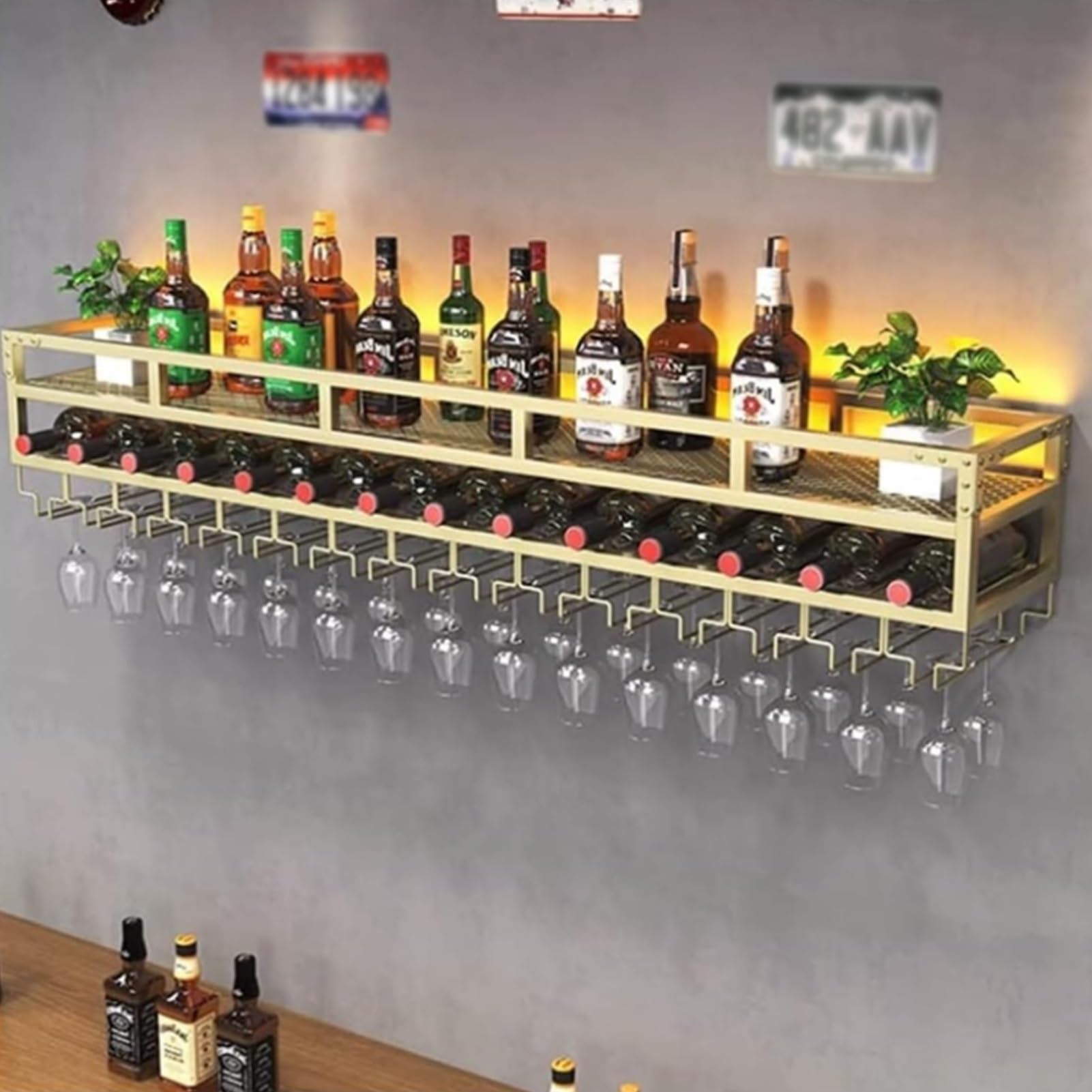 Porte-verre à vin avec support flottant en métal de 80cm pour étagère suspendue