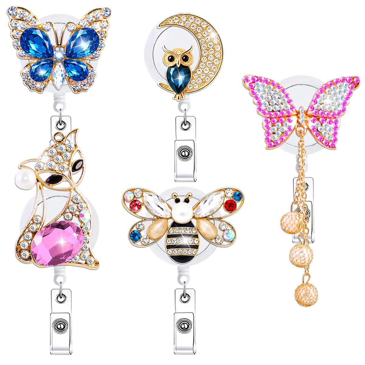 5 Pcs Funny Rhinestone Badge Reel Holder Retractable Bulk Nurse Crystal Bling Nursing Student Badge Clip Pack Alligator Cute Glitter Fox Owl Bee