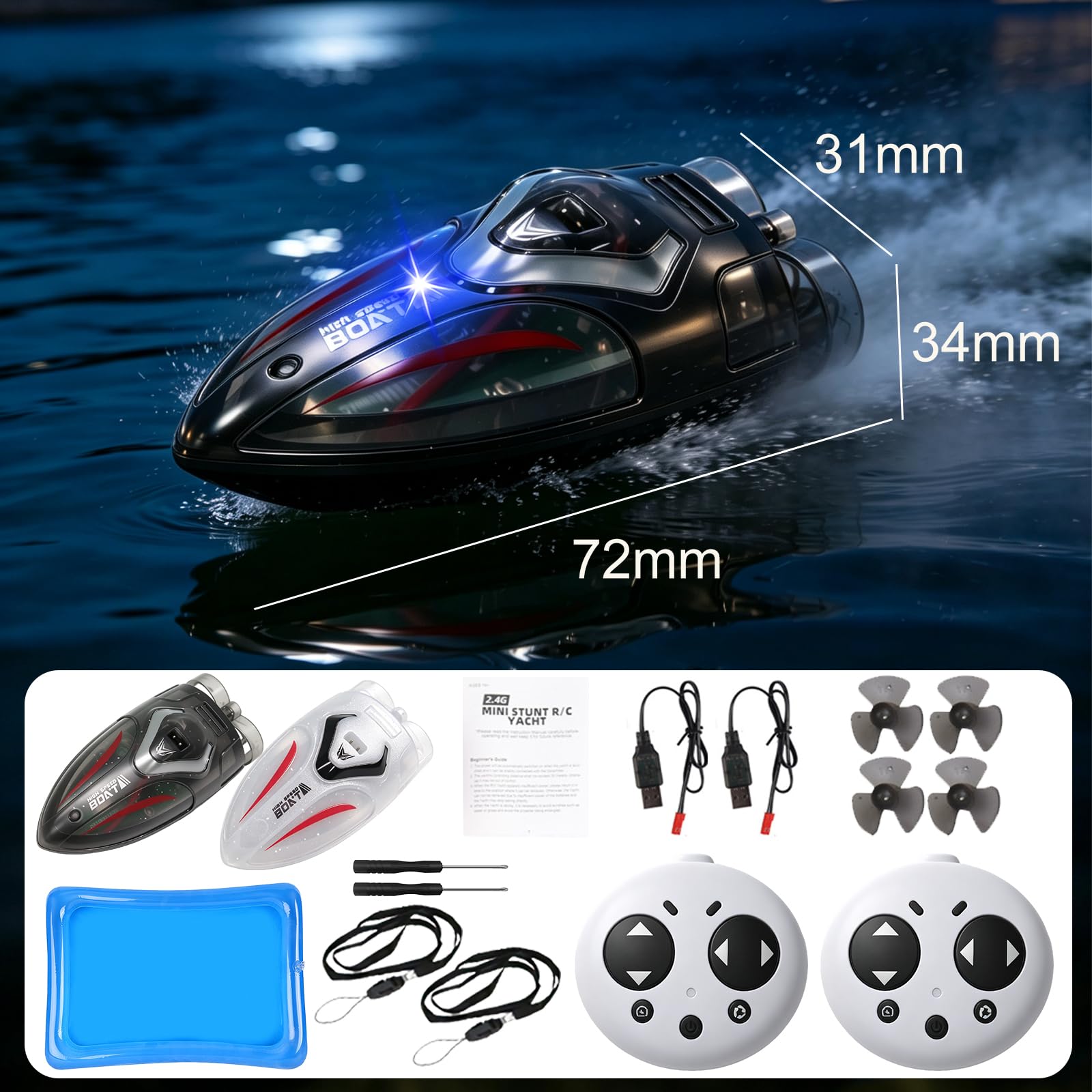 RC Stunt Barca,2 Pezzi Mini Barche Telecomandate con Piscina Gonfiabile | Funzione di rotazione automatica,Spegnimento automatico non appena esce dall’acqua,Adatto per vasche da bagno,piscine,laghi